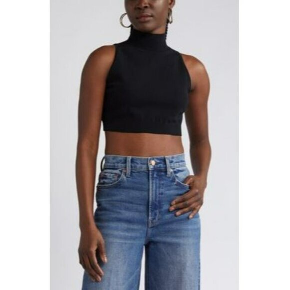Open Edit Black Sleeveless Mockneck Pullover Stretch Cropped Top Sz Large NEW - Picture 2 of 5